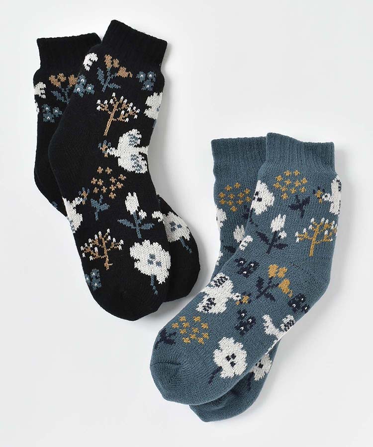 花とトリ裏ボア二重編みクルーソックス