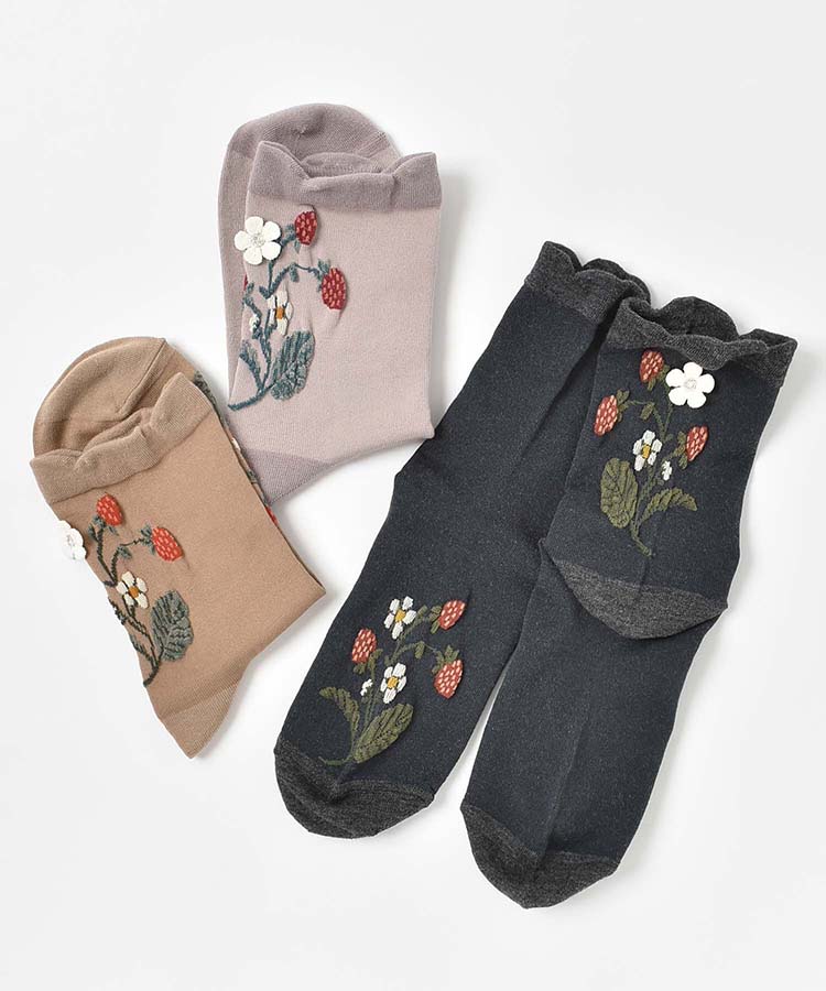 花モチーフ付きイチゴつたロークルーソックス