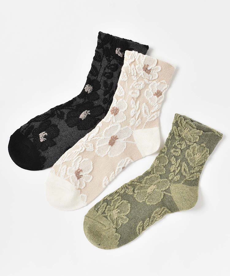 やわらかWゆったりレースフラワーロークルーソックス