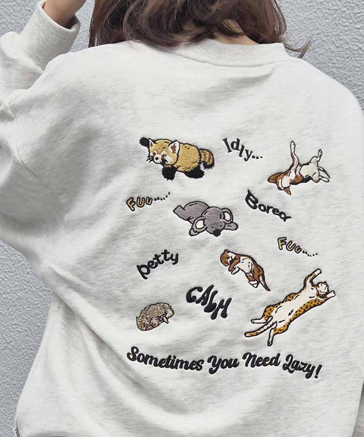 Lazyアニマル刺繍トレーナー