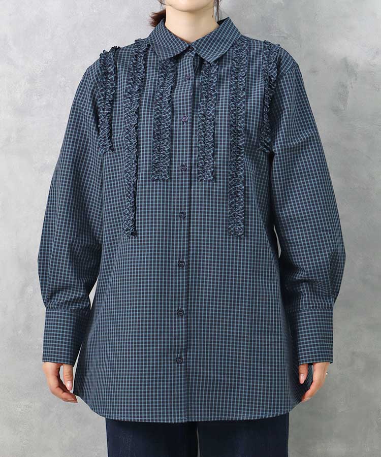 le petaleフリルラインチェックブラウス