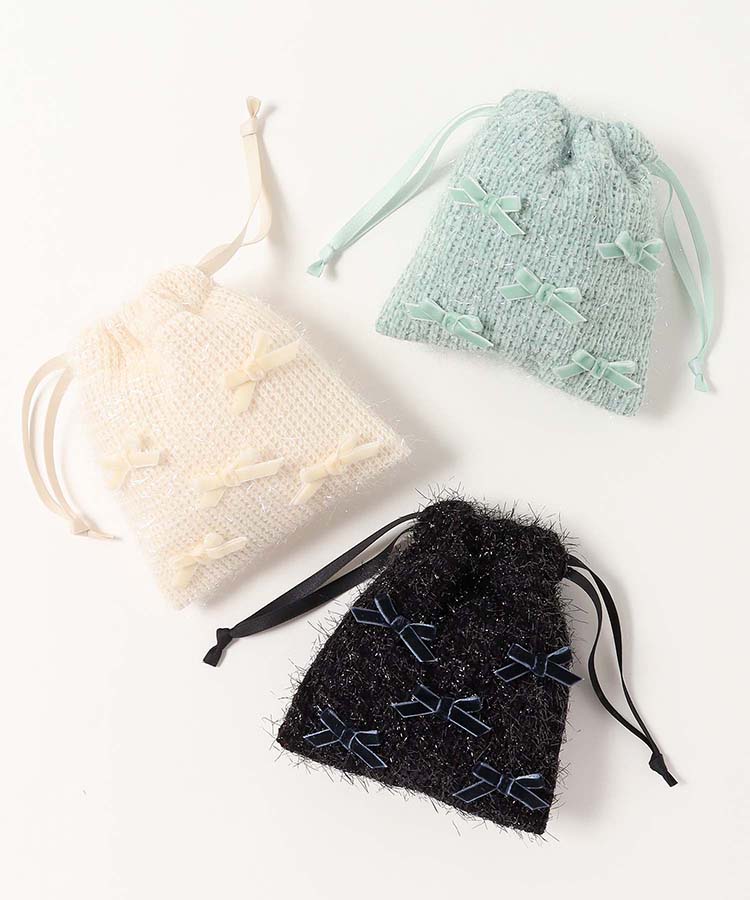 プチリンドラメニットリボンミニ巾着