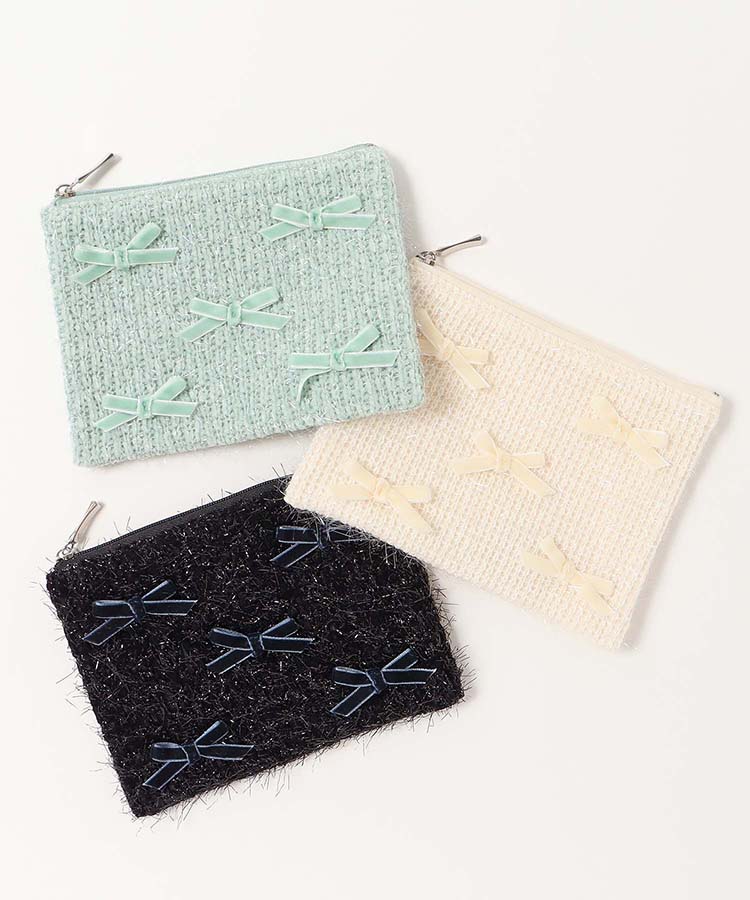 プチリンドラメニットリボンフラットポーチ