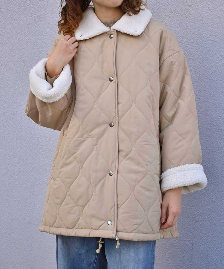 中綿ボア付きキルトコート