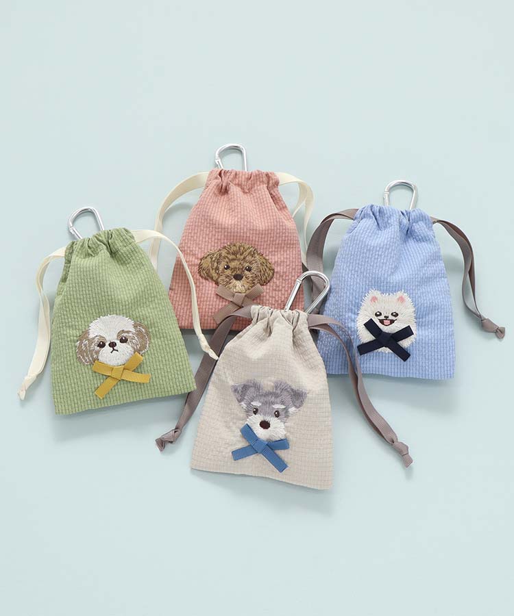 ドッグリボンカラビナ付きリップル巾着