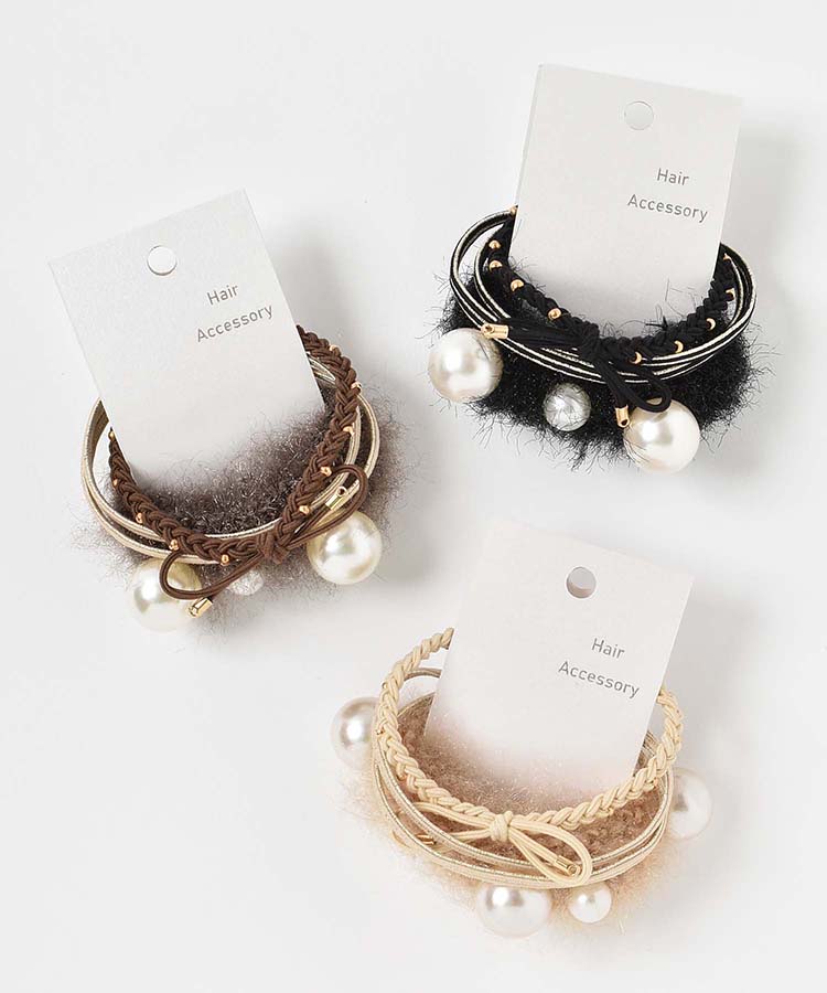 パールラメニットファーヘアゴムセット