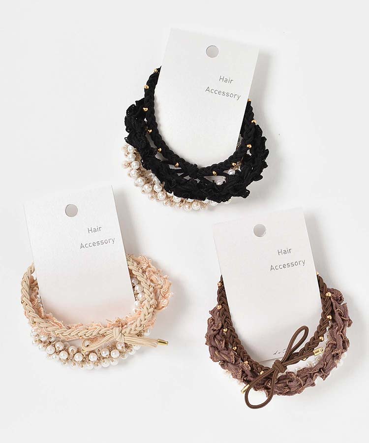 粒パールレースニットファーヘアゴムセット