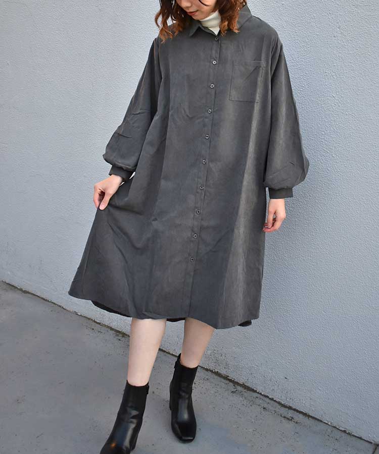 ピーチ起毛袖ボリュームシャツワンピース