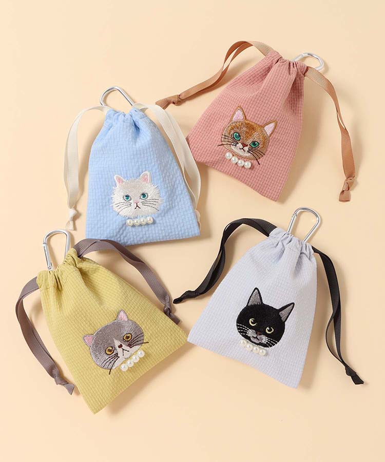キャットパールカラビナ付きリップル巾着