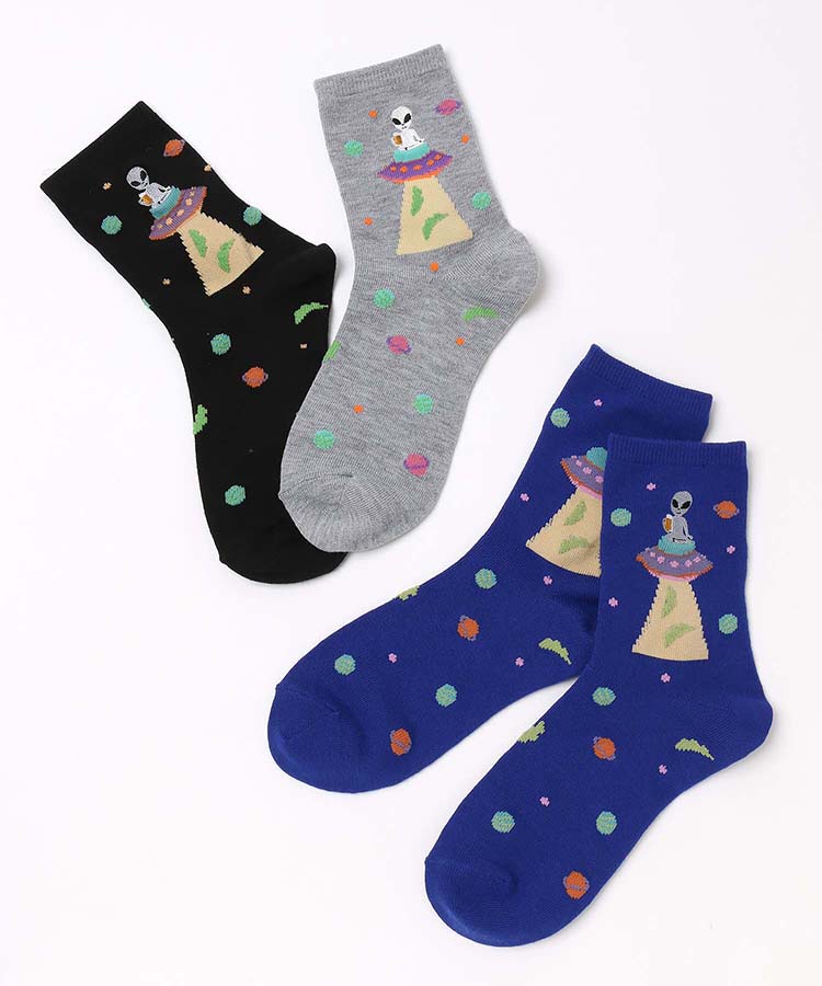 ビール宇宙人刺繍クルーソックス
