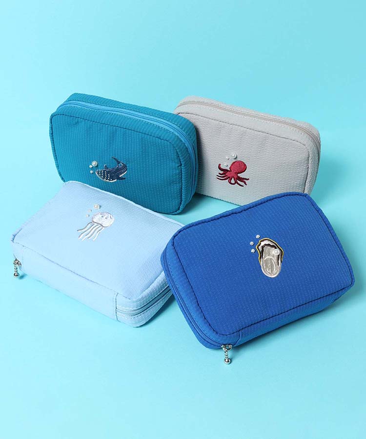 海洋生物パール刺繍多ポケットポーチ