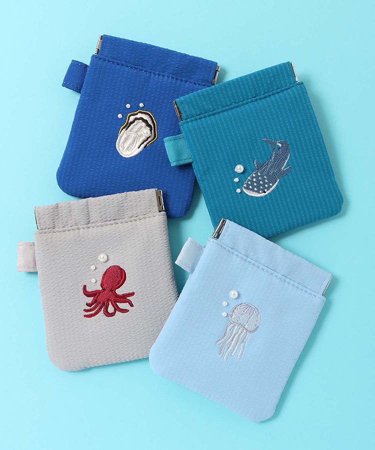 海洋生物パール刺繍ばね口ポーチ